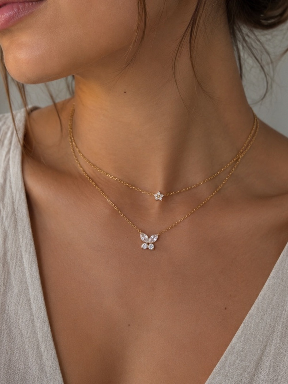 18K Gold Plated Double Layer Butterfly & Flower Necklace